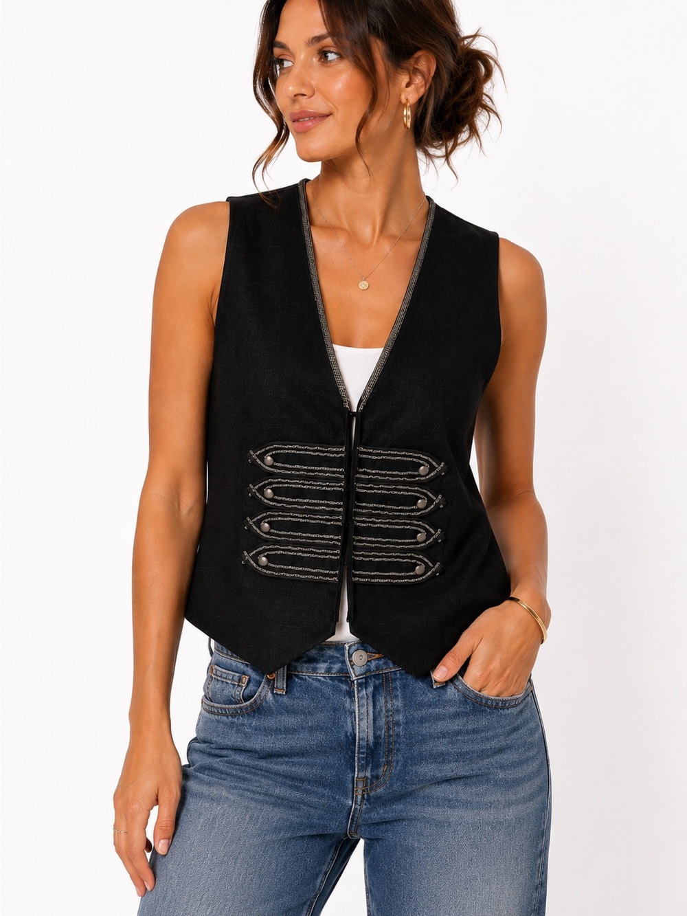 Chico’s Black Embellished Military Vest Size 2